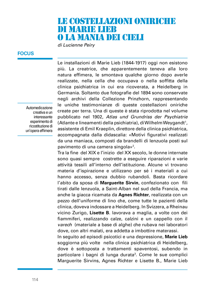 Article "Le Costellazioni onirche di Marie Lieb o la mania del cieli" de Lucienne Peiry.